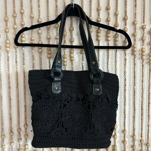 Vintage 90s Y2K Boho Hippie Goth Black Crochet Lace Shoulder Purse Medium